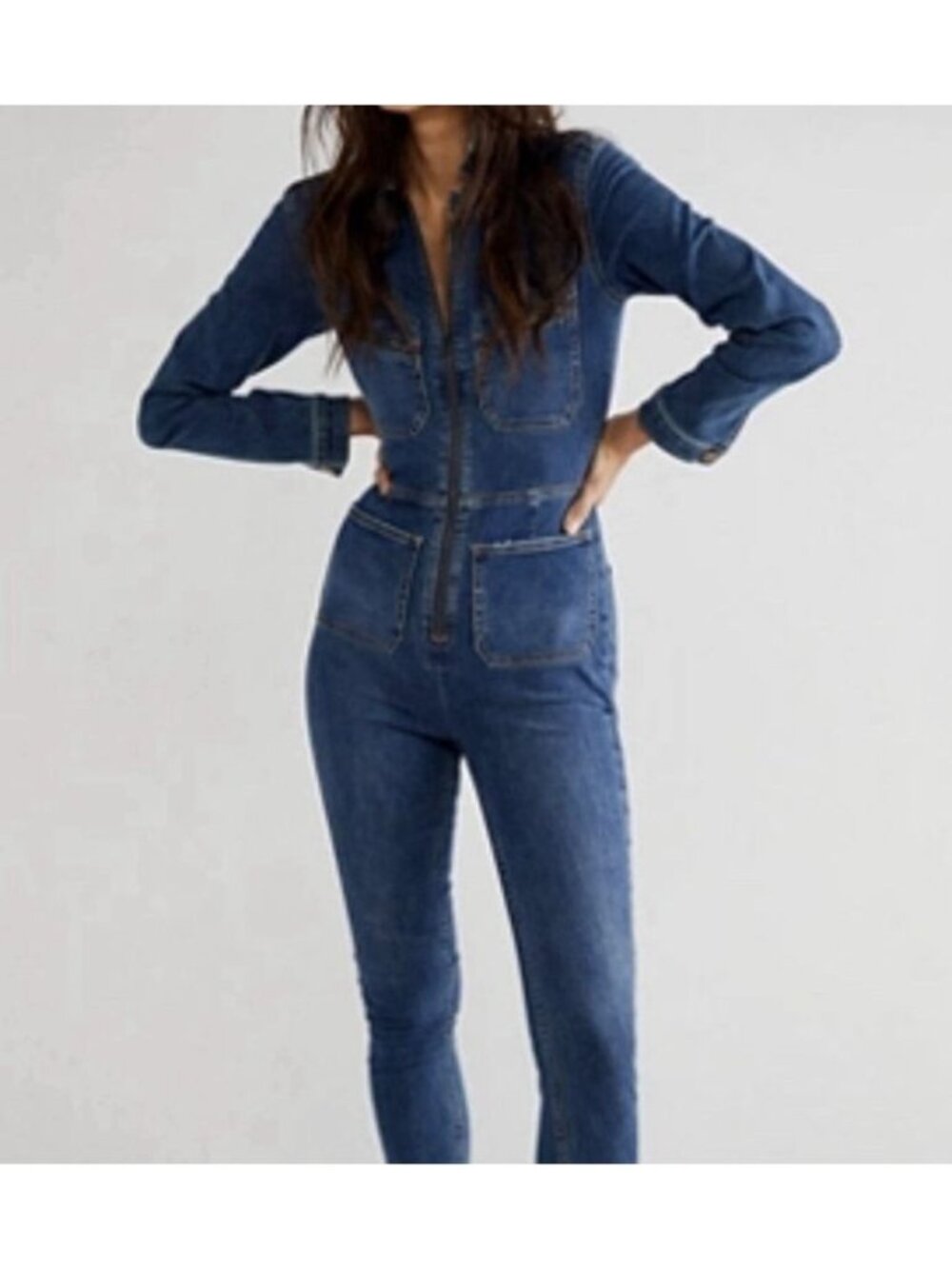 Free People Lennox Jumpsuit Size Small Coverall Stretch Blue Denim Boho Festival